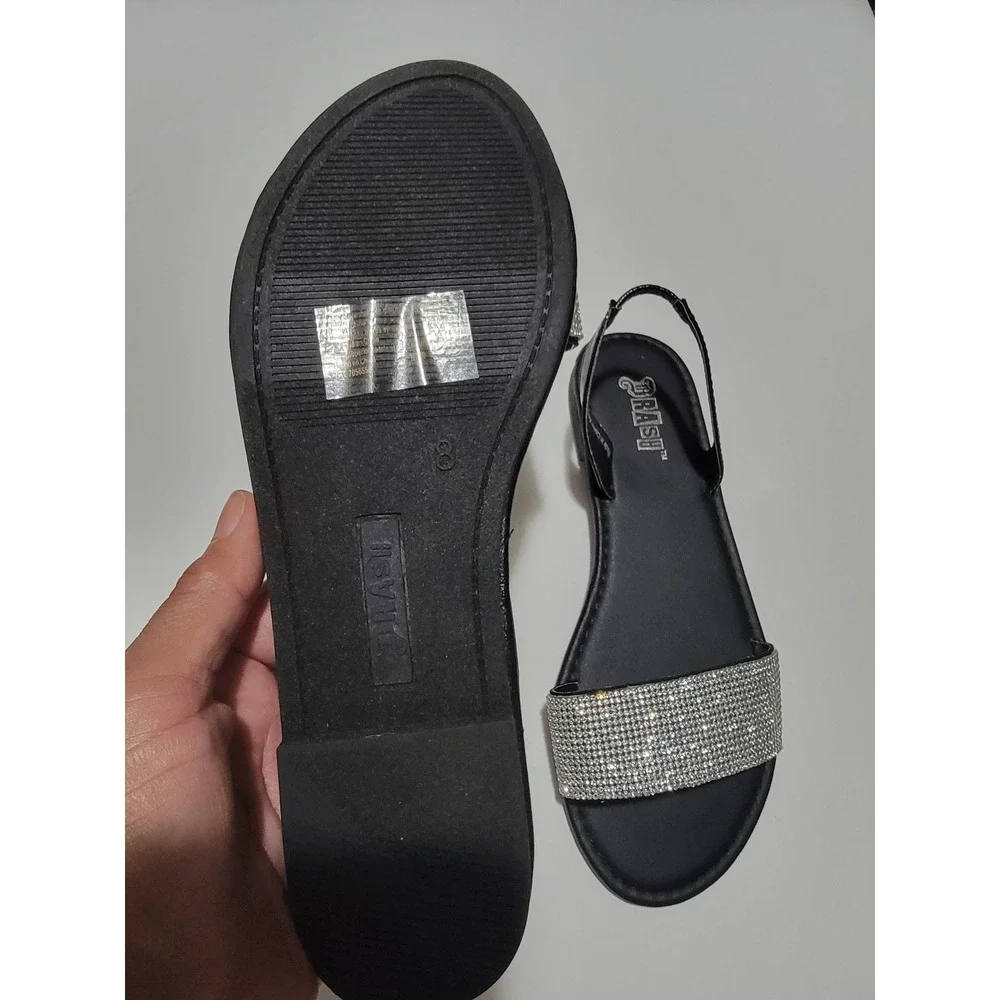 Brash Black Rhinestone Slingback Flat‎ Sandals and Matching Belt Set Sz 8 L Belt